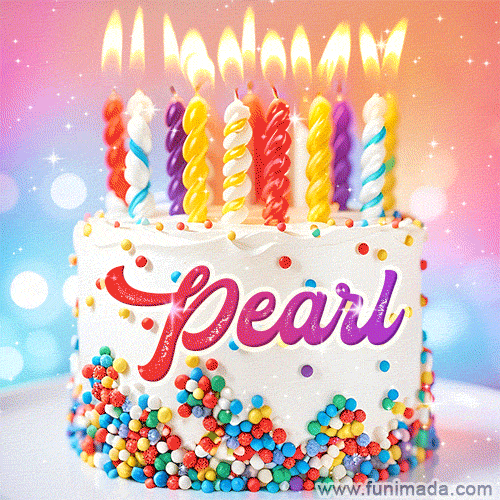 Personalized for Pearl elegant birthday cake adorned with rainbow sprinkles, colorful candles and glitter