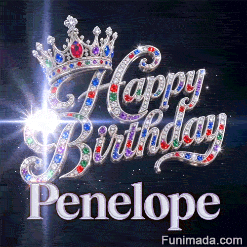 Close-up of a silver crown with emeralds, rubies, and sapphires resting on crystal-encrusted Happy Birthday text.Penelope