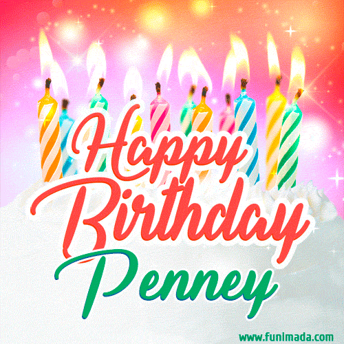 Happy Birthday GIF for Penney with Birthday Cake and Lit Candles