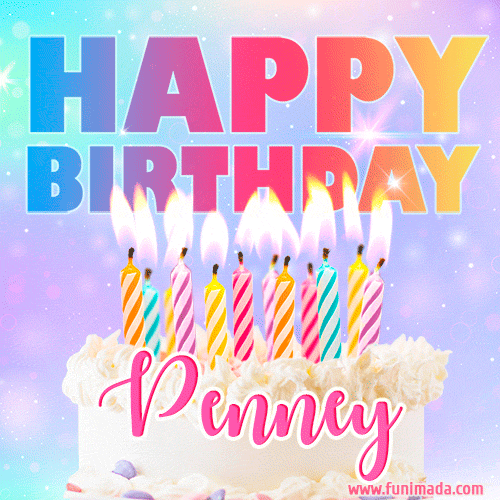 Animated Happy Birthday Cake with Name Penney and Burning Candles