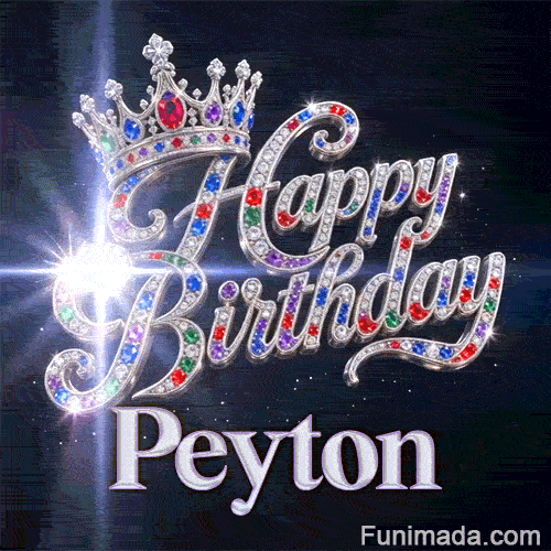A customized birthday GIF for Peyton featuring a silver crown under a glittering sky filled with light bursts.