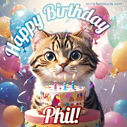 Happy birthday gif for Phil with cat and cake