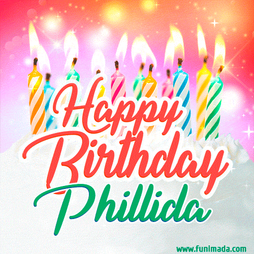 Happy Birthday GIF for Phillida with Birthday Cake and Lit Candles