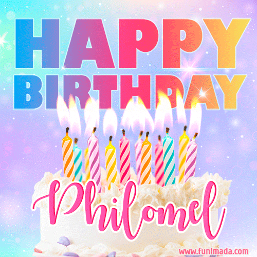Animated Happy Birthday Cake with Name Philomel and Burning Candles