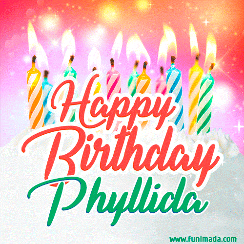 Happy Birthday GIF for Phyllida with Birthday Cake and Lit Candles