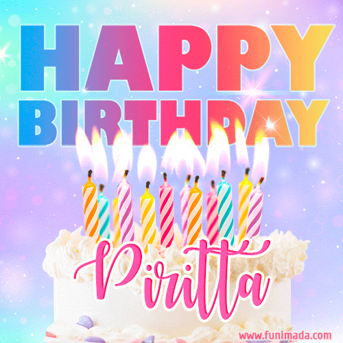 Animated Happy Birthday Cake with Name Piritta and Burning Candles