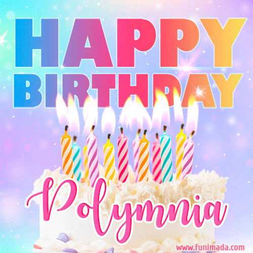 Animated Happy Birthday Cake with Name Polymnia and Burning Candles