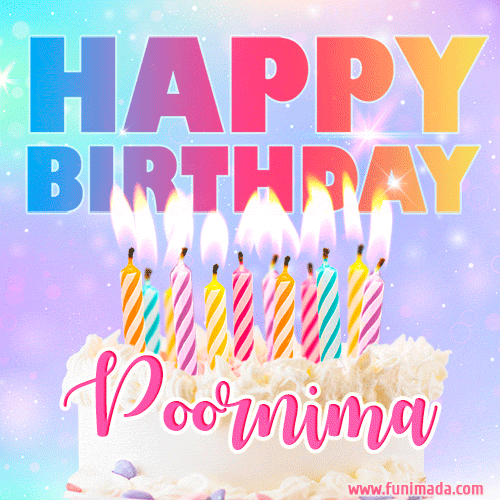 Animated Happy Birthday Cake with Name Poornima and Burning Candles