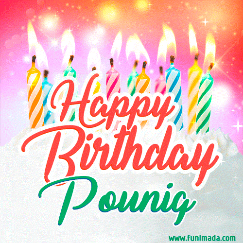 Happy Birthday GIF for Pounig with Birthday Cake and Lit Candles