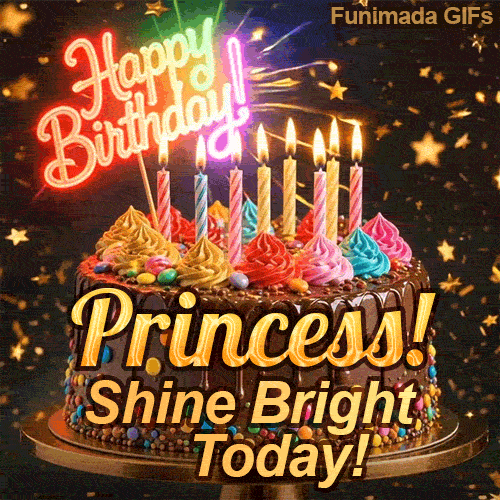 Bold golden lettering spelling Princess! on a gourmet chocolate cake decorated with small colorful candies at the base.