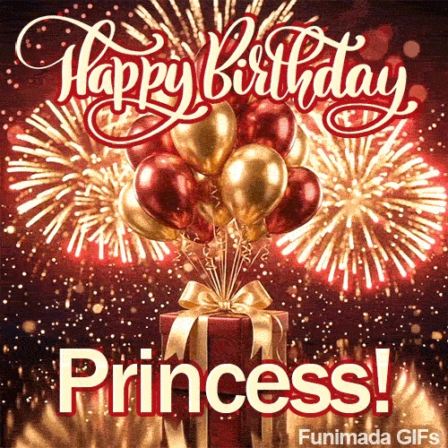 Bold red and white lettering spelling Princess under a luxury red present decorated with shiny balloons.