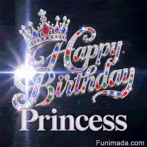 Close-up of a detailed silver crown with red, green, and blue gems above the name Princess in elegant metallic font.