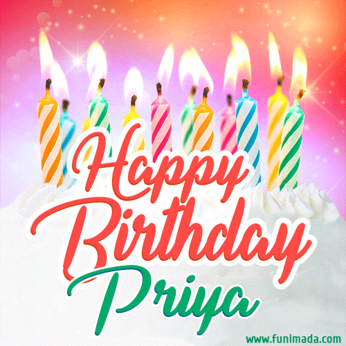 Happy Birthday GIF for Priya with Birthday Cake and Lit Candles
