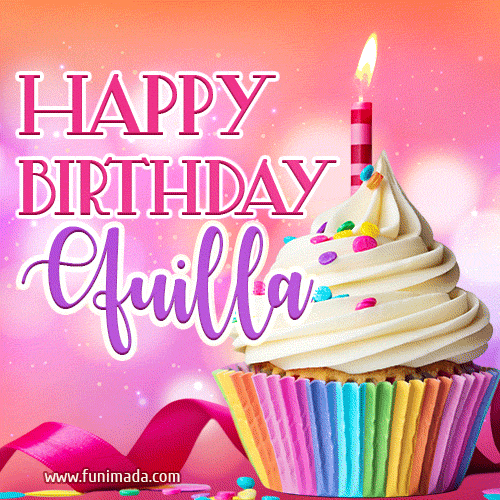 A vibrant birthday GIF featuring a rainbow-colored cupcake topped with white frosting, sprinkles, and a lit candle. The text reads 'Happy Birthday Quilla' in bold pink and violet letters with white outline.
