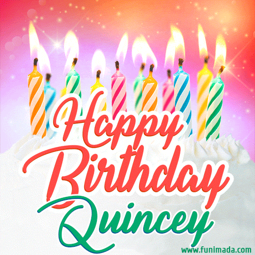 Bright birthday candles with rainbow flames on a cake, alongside the text 'Happy Birthday Quincey' in vibrant script in this celebratory animated GIF.