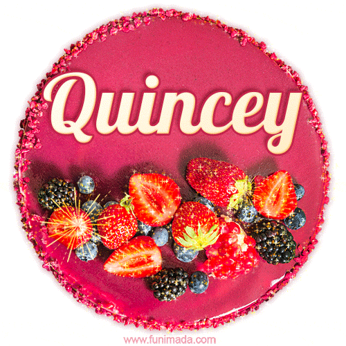 Beautifully decorated red velvet berry birthday cake with vibrant fruits and a glowing 'Quincey' name, adding a touch of sweetness and sparkle.