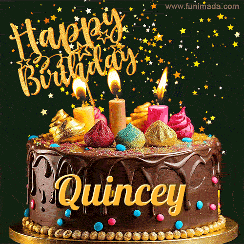 A delightful chocolate birthday cake with bright candles and 'Happy Birthday Quincey' written in gold amidst a shower of animated stars.