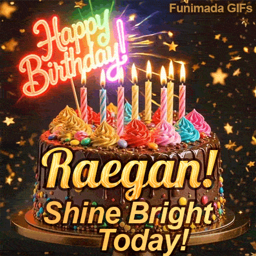 A rich chocolate frosted cake on a gold stand with glowing yellow candles, personalized with the name Raegan!