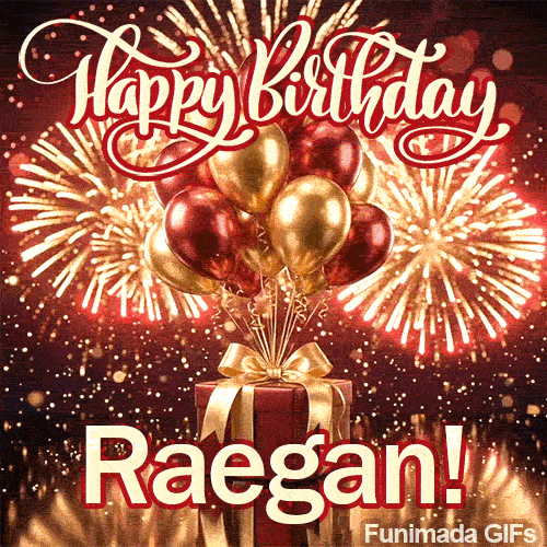A crimson gift box decorated with a golden ribbon bow and a bundle of shiny red and gold balloons for Raegans birthday.