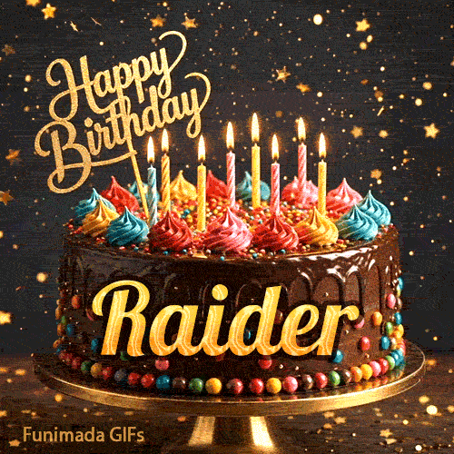 Shimmering animated card featuring a detailed chocolate cake and the name Raider for his birthday celebration.