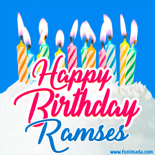 Happy Birthday GIF for Ramses with Birthday Cake and Lit Candles