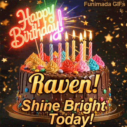 Close-up of a chocolate birthday cake with multicolored frosting swirls and colorful candy beads around the gold base. Raven