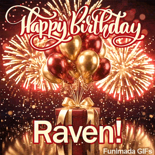 Happy Birthday text in elegant cursive script above shiny balloons and a red wrapped present with the name Raven