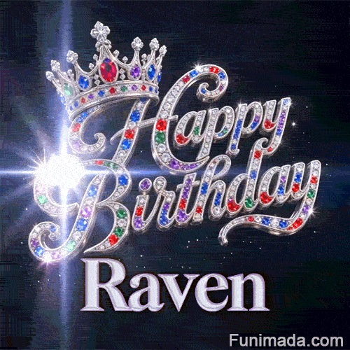 A detailed view of a silver crown with red and purple gemstones resting on crystal-encrusted letters spelling Happy Birthday Raven.