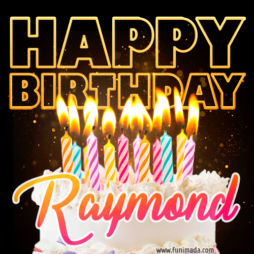 Raymond - Animated Happy Birthday Cake GIF for WhatsApp