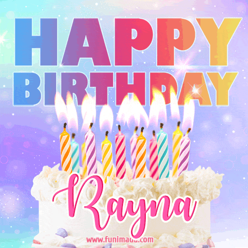 Animated Happy Birthday Cake with Name Rayna and Burning Candles