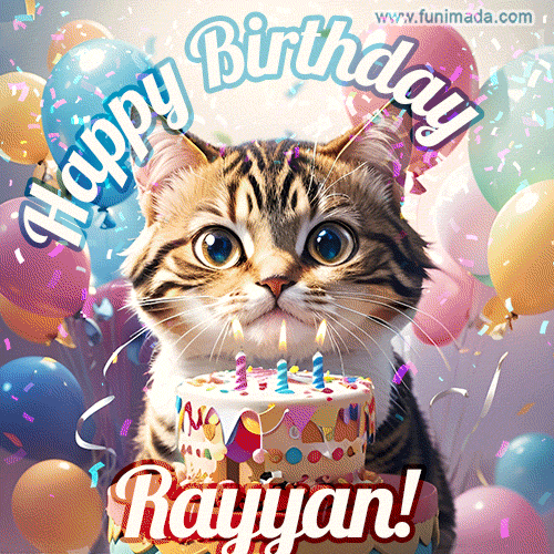 Happy birthday gif for Rayyan with cat and cake