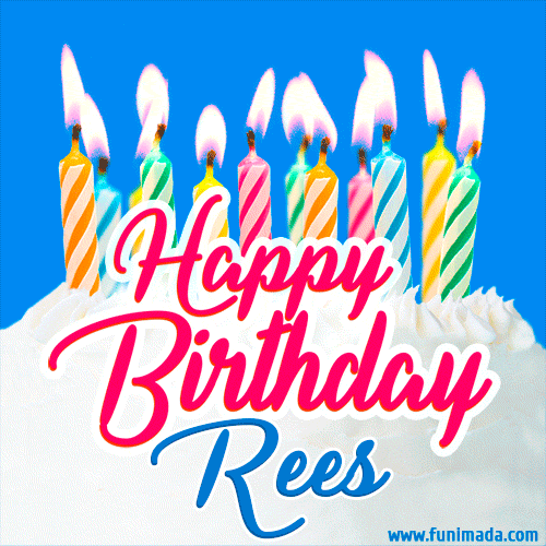 Happy Birthday GIF for Rees with Birthday Cake and Lit Candles