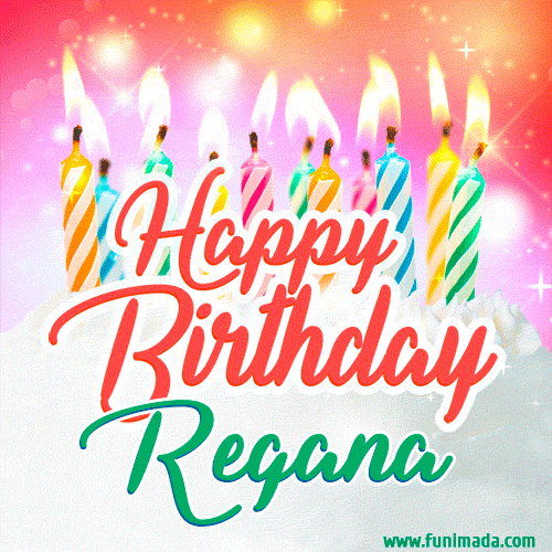 Bright birthday candles with rainbow flames on a cake, alongside the text 'Happy Birthday Regana' in vibrant script in this celebratory animated GIF.