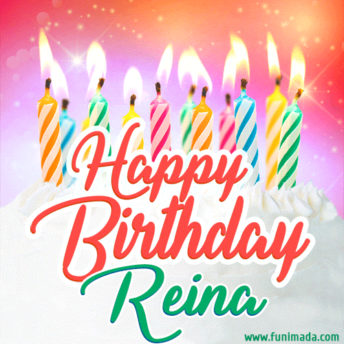 Happy Birthday GIF for Reina with Birthday Cake and Lit Candles
