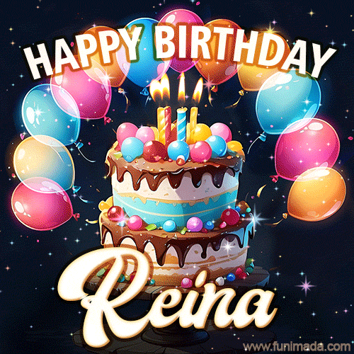 Hand-drawn happy birthday cake adorned with an arch of colorful balloons - name GIF for Reina