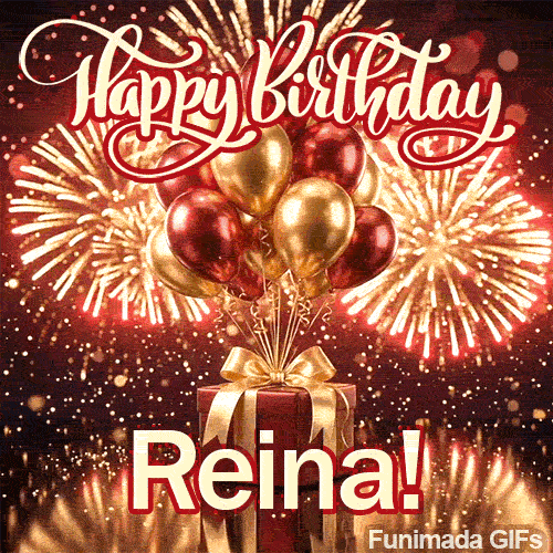 Large white text spelling Reina at the base of a luxury gift box wrapped in golden ribbons on a dark background.