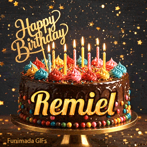 A festive birthday ecard for Remiel displaying a rich chocolate cake, colorful sprinkles, and a gold star background.