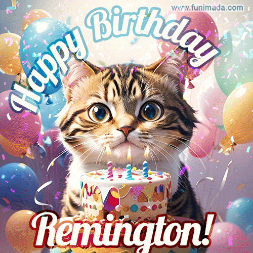 Happy birthday gif for Remington with cat and cake