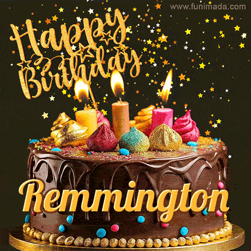 A delightful chocolate birthday cake with bright candles and 'Happy Birthday Remmington' written in gold amidst a shower of animated stars.