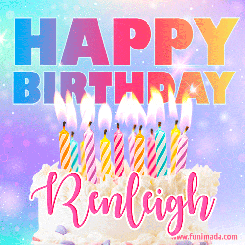 A vibrant animated name GIF with the words 'Happy Birthday Renleigh' with colorful candles on a creamy cake. The background sparkles with pastel shades, adding a festive touch.