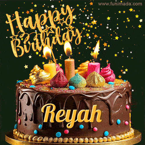 A delightful chocolate birthday cake with bright candles and 'Happy Birthday Reyah' written in gold amidst a shower of animated stars.
