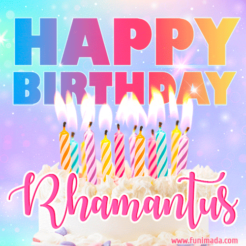 A vibrant animated name GIF with the words 'Happy Birthday Rhamantus' with colorful candles on a creamy cake. The background sparkles with pastel shades, adding a festive touch.