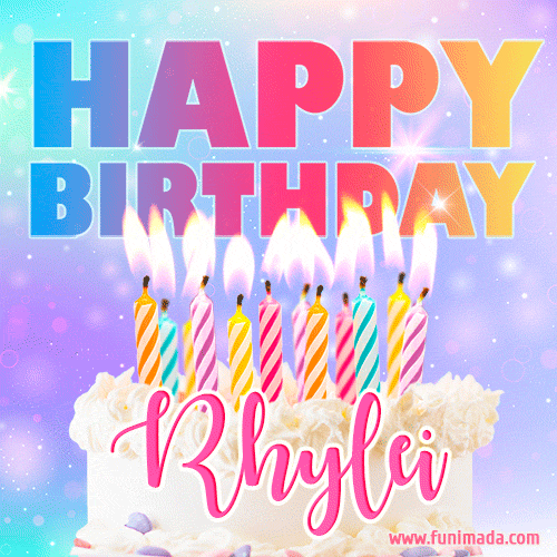 A vibrant animated name GIF with the words 'Happy Birthday Rhylei' with colorful candles on a creamy cake. The background sparkles with pastel shades, adding a festive touch.