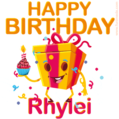 A vibrant and funny gift box character with a happy face dancing with a cupcake and the text 'Happy Birthday Rhylei,' surrounded by animated confetti and party vibes.