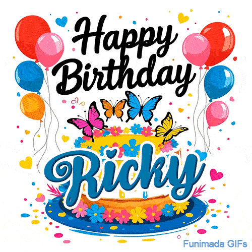 A personalized birthday graphic with balloons, flying butterflies, and a decorated cake on a blue plate for Ricky.