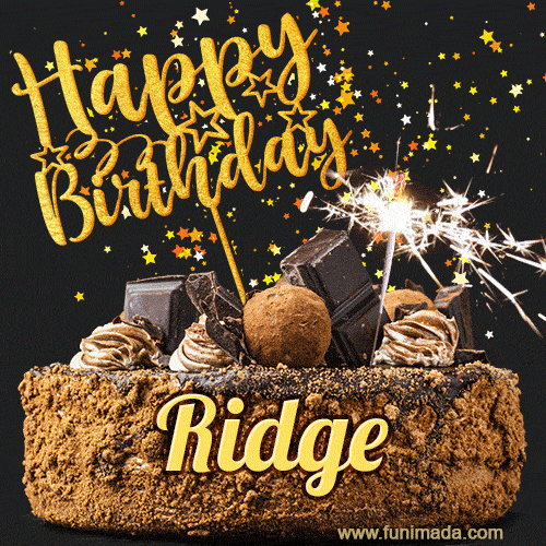 Celebrate Ridge's birthday with a GIF featuring chocolate cake, a lit sparkler, and golden stars
