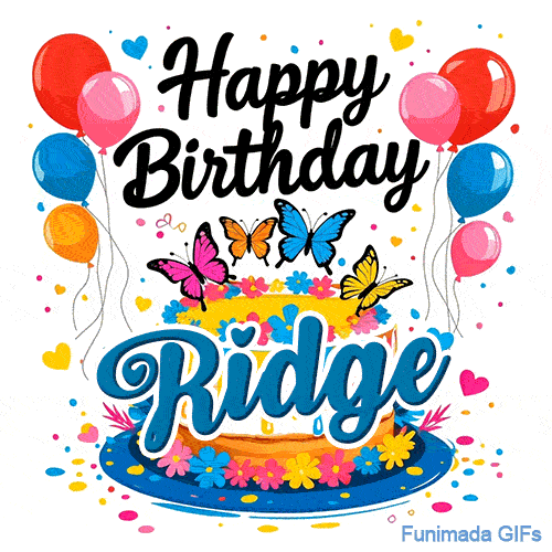 Close-up of a decorative white drip cake with the name Ridge and bright butterflies, featured on an animated card.
