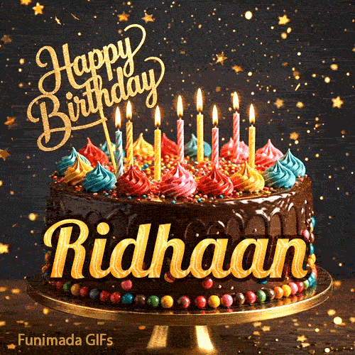 A delicious-looking chocolate cake topped with multiple lit candles and a golden Happy Birthday sign, personalized for Ridhaan.
