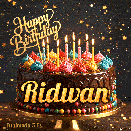 Sparkly golden star background with a detailed chocolate drip cake and the name Ridwan on the front.