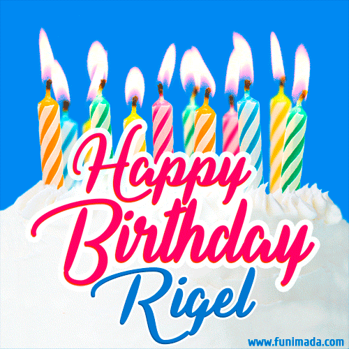 A cheerful animated GIF featuring colorful lit birthday candles on a white cake, with the text 'Happy Birthday Rigel' in bold red and blue script on a bright blue background.